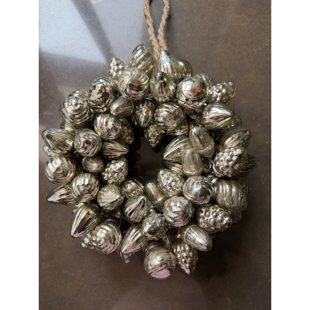 Vtg Style Silver Mercury Glass Rustic Kugel Christmas Cluster Wreath Ornament
